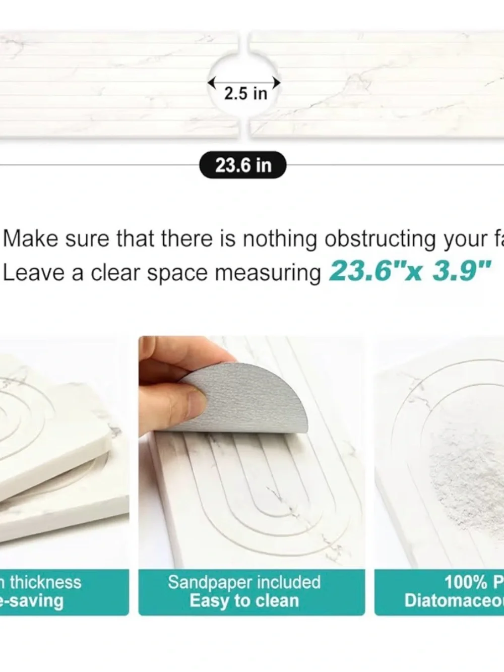 Drying stone faucet mat for kitchen sink splash guard white marble 24” x 4” NEW